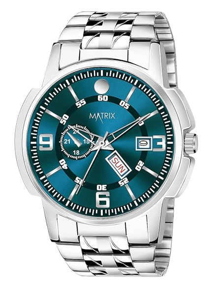 Matrix Black, Blue, White Dial, Day & Date Functioning, Stainless Steel Strap Analog